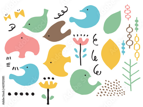 北欧風のかわいい鳥のセット／手書きイラスト素材