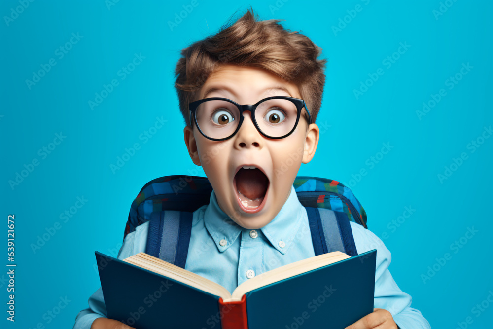 Surprised young boy in glasses and with a backpack engrossed in reading a book against a blue background. Modern back-to-school concept.
Generative AI Surprised young boy in glasses and with a backpack engrossed in reading a book against a blue background. Modern back-to-school concept.
Generative AI