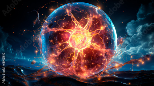 magic ball with fire flames on the black background