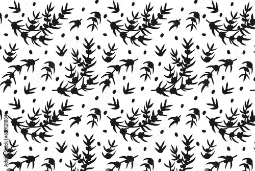 Seamless background black and white pattern with sea buckthorn berries. Vector seamless pattern with a pattern of berries on a branch
