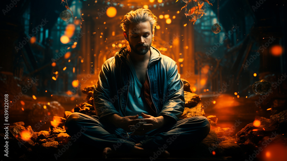 Obraz premium man in a white robe with burning fire