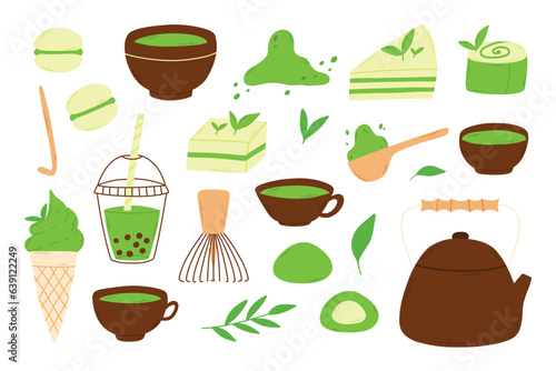 Matcha tea. Mug with matcha and green tea leaves. Vector illustration. Natural green tea. Green tea set. Matcha collection.