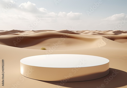 circular white piece in an empty desert. created by generative AI technology.