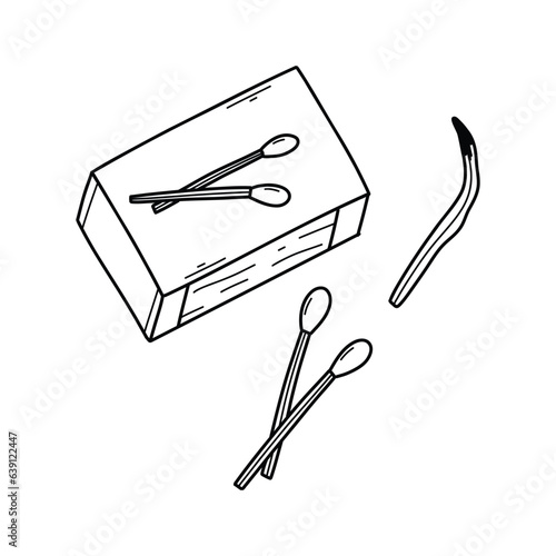 Matches isolated on white background. Vector illustration. Box of matches in doodle style.