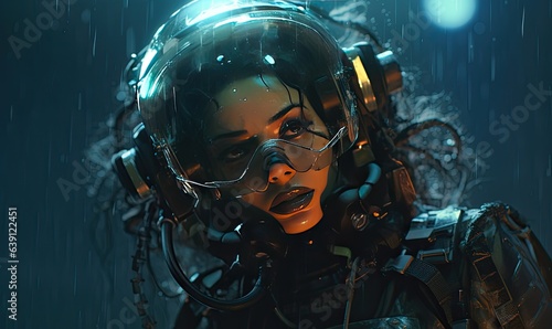 In the cyberpunk-inspired artwork, a female diver emerges from the depths of the ocean.