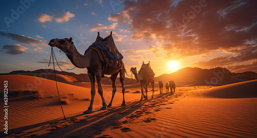 Camels traveling in the middle of the desert with sky in the sunset orange background. created by generative AI technology.