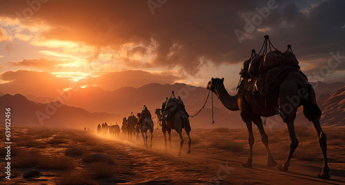 Camels traveling in the middle of the desert with sky in the sunset orange background. created by generative AI technology.