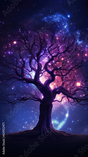Crisp photography of A tree in front of a starry sky with purple data streams rising out of tree branches. created by generative AI technology. © hakule