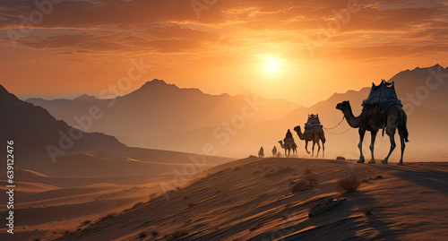 Camels traveling in the middle of the desert with sky in the sunset orange background. created by generative AI technology.