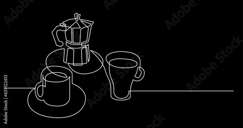 continuous line drawing vector illustration with FULLY EDITABLE STROKE of tea or coffee drinks as a concept of cafe on black background