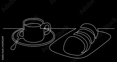 continuous line drawing vector illustration with FULLY EDITABLE STROKE of tea or coffee drinks as a concept of cafe on black background