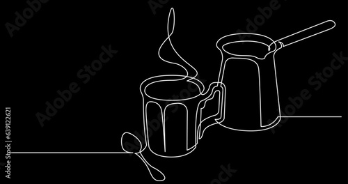 continuous line drawing vector illustration with FULLY EDITABLE STROKE of tea or coffee drinks as a concept of cafe on black background