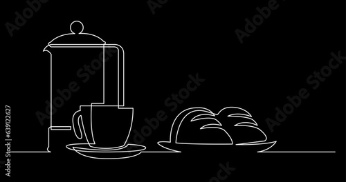 continuous line drawing vector illustration with FULLY EDITABLE STROKE of tea or coffee drinks as a concept of cafe on black background