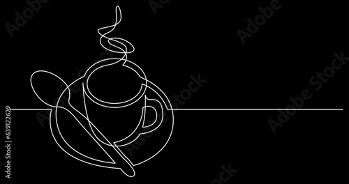 continuous line drawing vector illustration with FULLY EDITABLE STROKE of tea or coffee drinks as a concept of cafe on black background