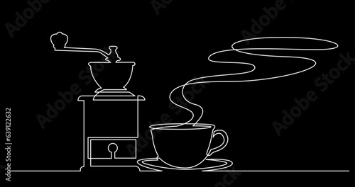 continuous line drawing vector illustration with FULLY EDITABLE STROKE of tea or coffee drinks as a concept of cafe on black background