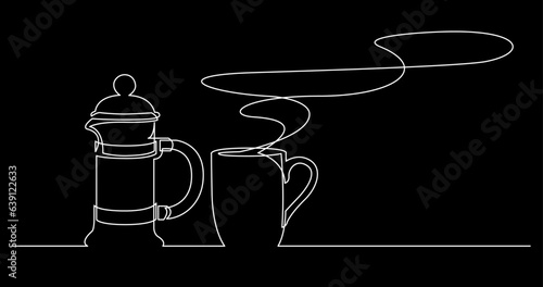 continuous line drawing vector illustration with FULLY EDITABLE STROKE of tea or coffee drinks as a concept of cafe on black background