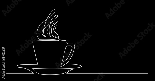 continuous line drawing vector illustration with FULLY EDITABLE STROKE of tea or coffee drinks as a concept of cafe on black background