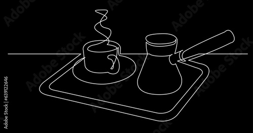 continuous line drawing vector illustration with FULLY EDITABLE STROKE of tea or coffee drinks as a concept of cafe on black background