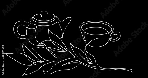 continuous line drawing vector illustration with FULLY EDITABLE STROKE of tea or coffee drinks as a concept of cafe on black background