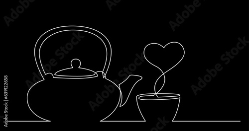 continuous line drawing vector illustration with FULLY EDITABLE STROKE of tea or coffee drinks as a concept of cafe on black background