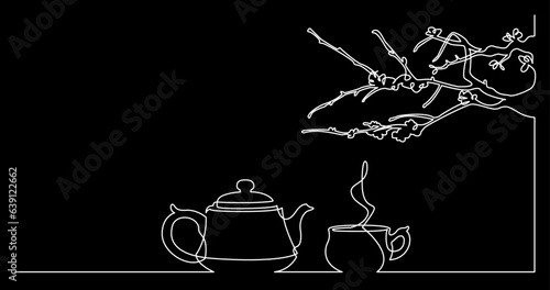 continuous line drawing vector illustration with FULLY EDITABLE STROKE of tea or coffee drinks as a concept of cafe on black background