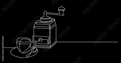 continuous line drawing vector illustration with FULLY EDITABLE STROKE of tea or coffee drinks as a concept of cafe on black background