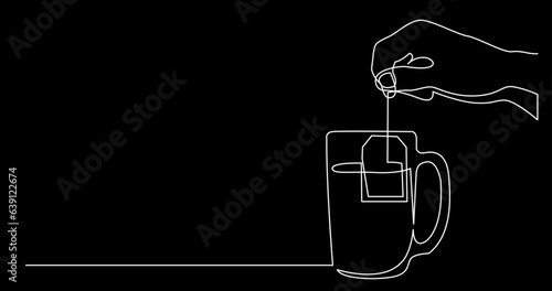 continuous line drawing vector illustration with FULLY EDITABLE STROKE of tea or coffee drinks as a concept of cafe on black background