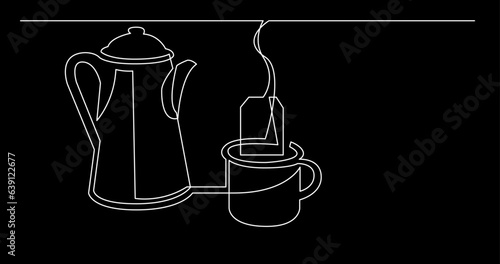 continuous line drawing vector illustration with FULLY EDITABLE STROKE of tea or coffee drinks as a concept of cafe on black background