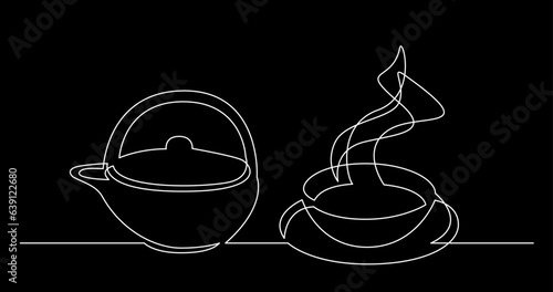 continuous line drawing vector illustration with FULLY EDITABLE STROKE of tea or coffee drinks as a concept of cafe on black background