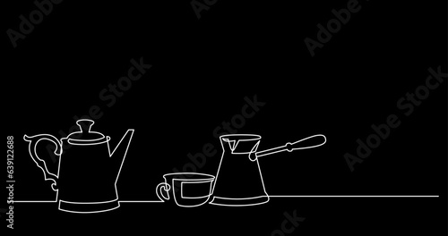 continuous line drawing vector illustration with FULLY EDITABLE STROKE of tea or coffee drinks as a concept of cafe on black background