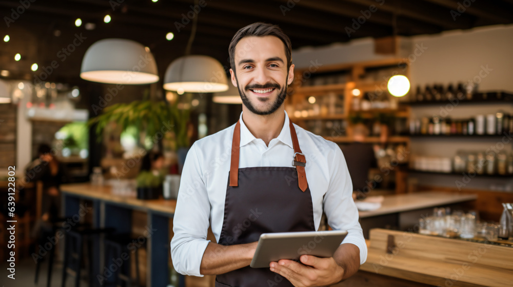 Small business restaurant owner smiling at the camera, happy waiter holding a tablet against a modern background.
Generative AI Small business restaurant owner smiling at the camera, happy waiter holding a tablet against a modern background.
Generative AI
