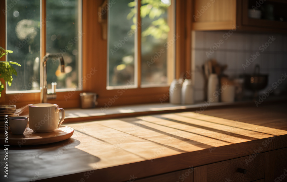 Wooden clean table in the kitchen, The sun shines through the window. created by generative AI technology. Wooden clean table in the kitchen, The sun shines through the window. created by generative AI technology.
