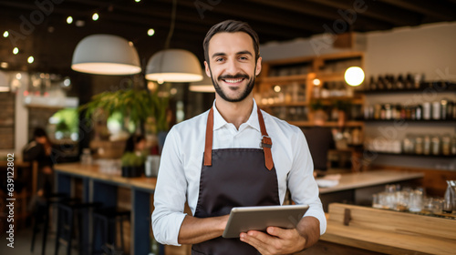 Small business restaurant owner smiling at the camera, happy waiter holding a tablet against a modern background.Generative AI
