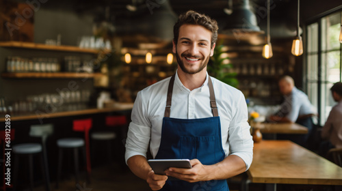 Small business restaurant owner smiling at the camera, happy waiter holding a tablet against a modern background.Generative AI