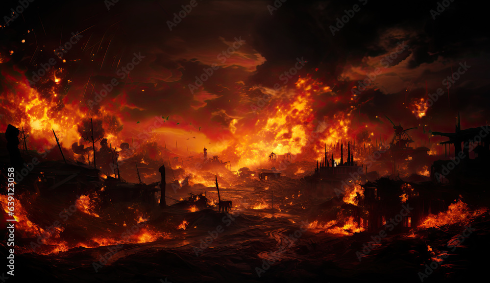 The aftermath of the fires that burned through the town created by generative AI technology. The aftermath of the fires that burned through the town created by generative AI technology.