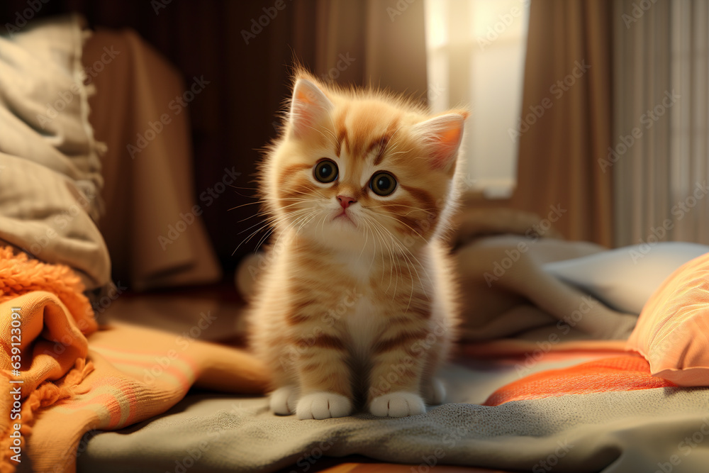 Cozy Companion: Cute Red Kitten on Bed with Blankets