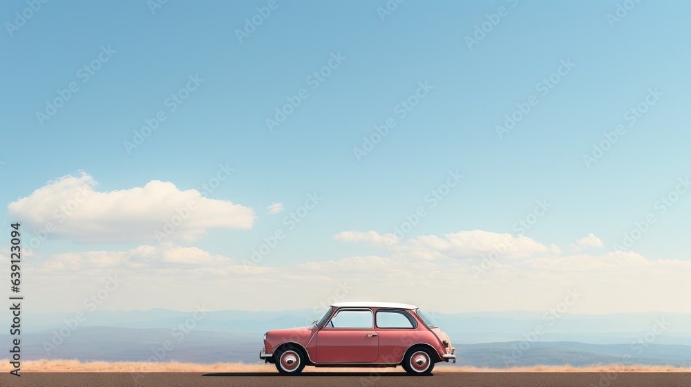  a small red car is parked on the side of the road.  generative ai