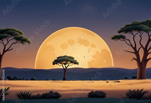 Savannah landscape with acacia trees at night vector cartoon illustration  ai generated