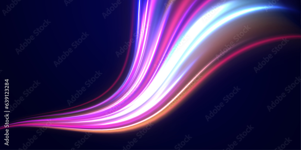 Horizontal night road in the form of a panorama with neon lights. Car motion trails. Speed line motion vector background. Horizontal night road in the form of a panorama with neon lights. Car motion trails. Speed line motion vector background.