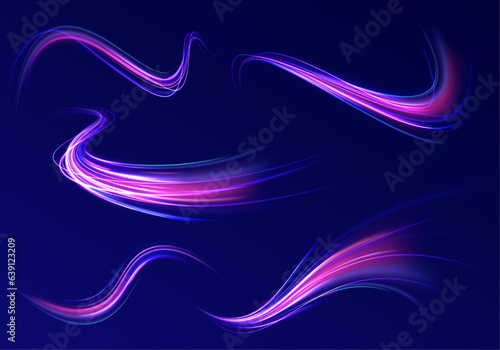 Glowing neon swirls with headlights in a big set. Speed light streaks vector background with blurred fast moving light effect, blue purple colors on black.	