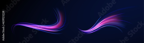 Cyberpunk light trails in motion or light, light footprints of motion. LED glare tape. Panoramic high speed technology concept, light abstract background. 
