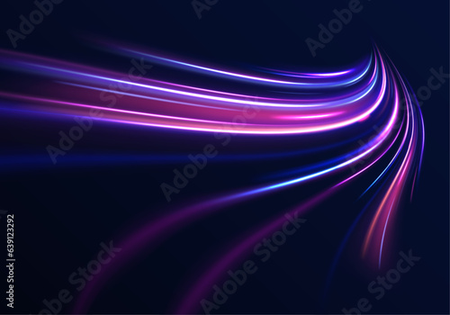 Lines in the shape of a comet against a dark background. Illustration of high speed concept. Acceleration speed motion on night road. 