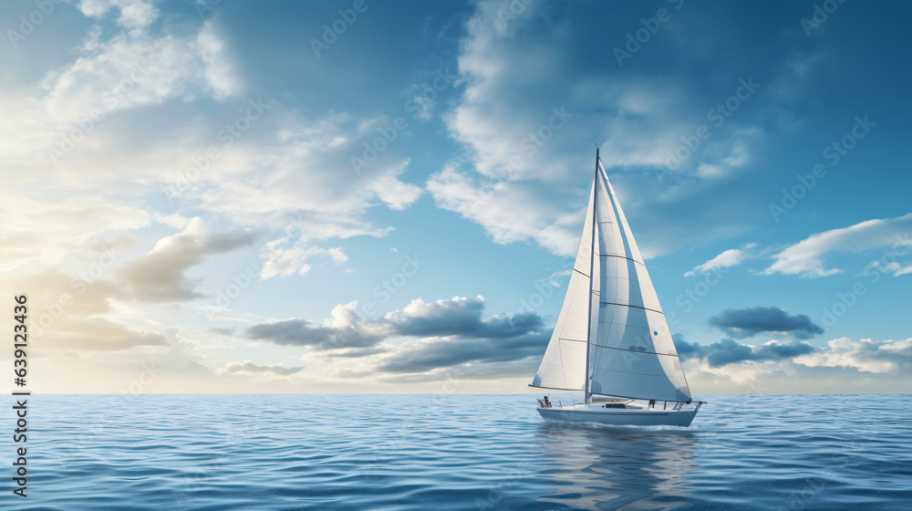 Obraz premium Sailboat gracefully sails over the undulating waves of a pristine ocean with a modern background.Generative AI