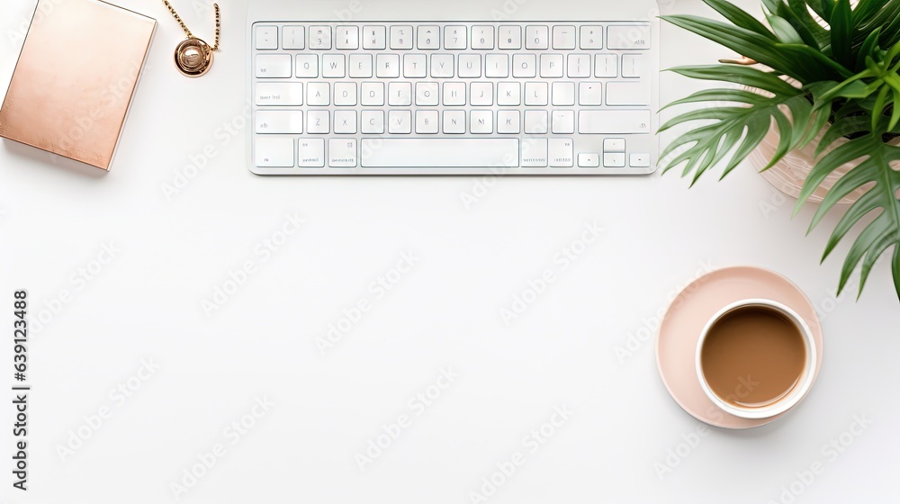 a desk with a keyboard, a cup of coffee and a plant. generative ai a desk with a keyboard, a cup of coffee and a plant. generative ai