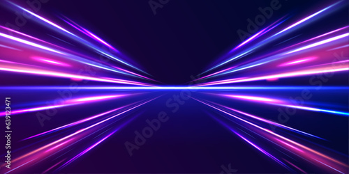 Horizontal night road in the form of a panorama with neon lights. Car motion trails. Speed line motion vector background. 