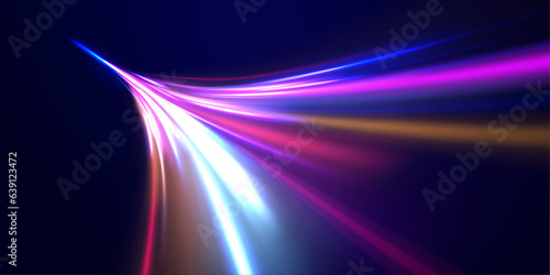 Elegant bright neon linear wave. Abstract light lines of movement and speed with blue color and sparkles.  The effect of speed on a blue background. Vector Illustration.	