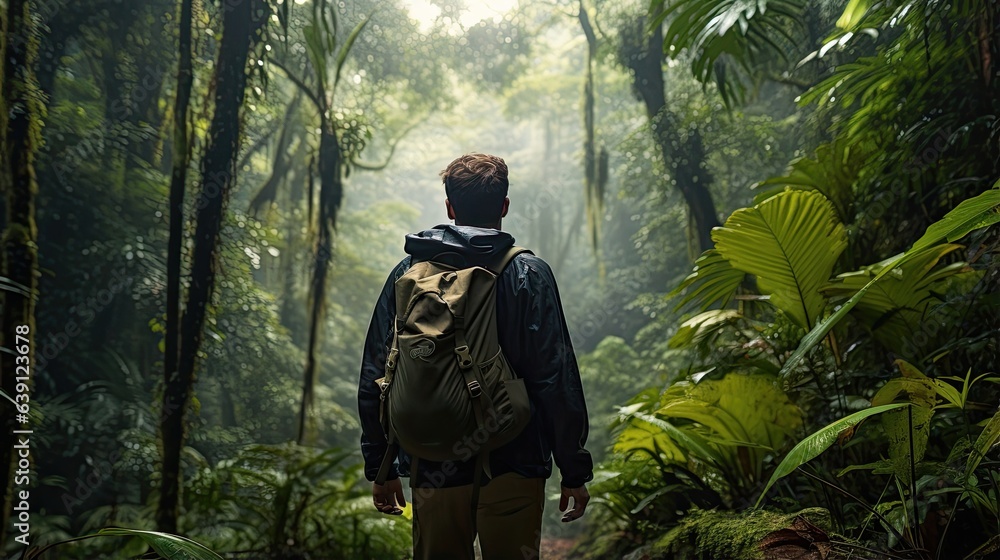 Male hiker, full body, view from behind, walking throuh the rainforest