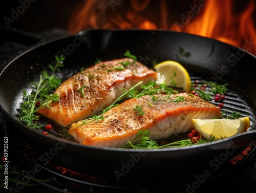 Fish Filet in a frying pan, close-up shot