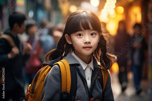 cute 8 year old chinese girl on a school campus (Generative AI)