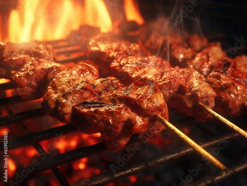 Meat skewers on a grill, close-up shot